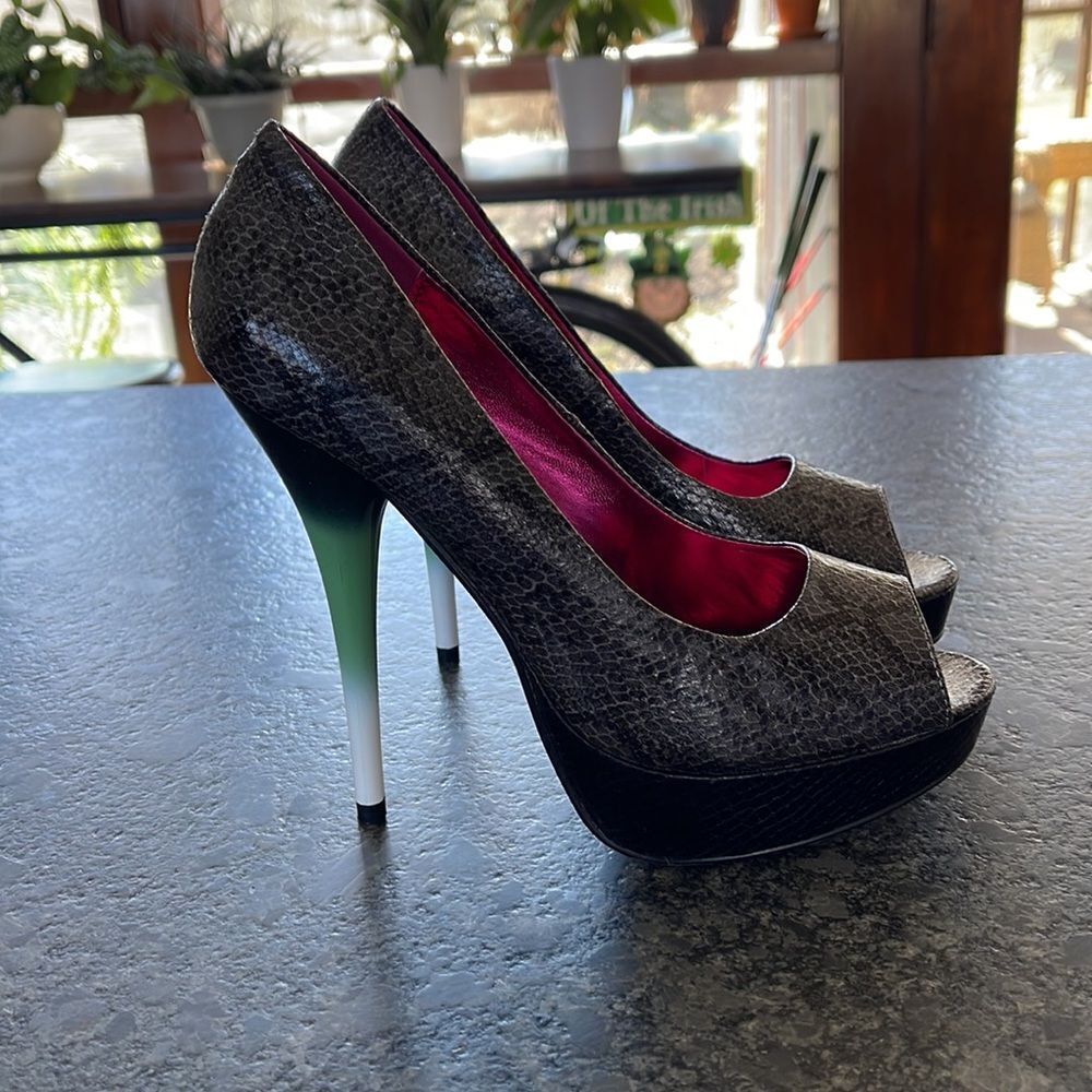 Iron Fist RuPaul Charcoal Snakeskin Peeptoe Platforms with ombré heel
